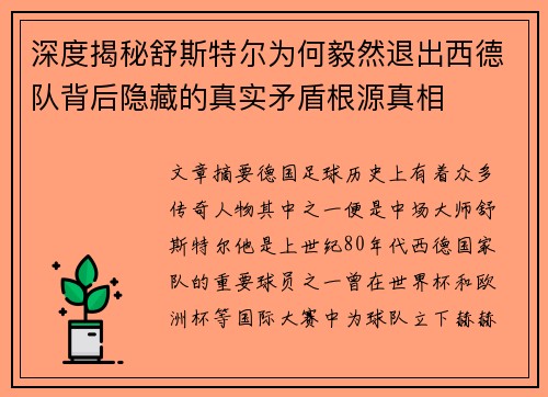 深度揭秘舒斯特尔为何毅然退出西德队背后隐藏的真实矛盾根源真相